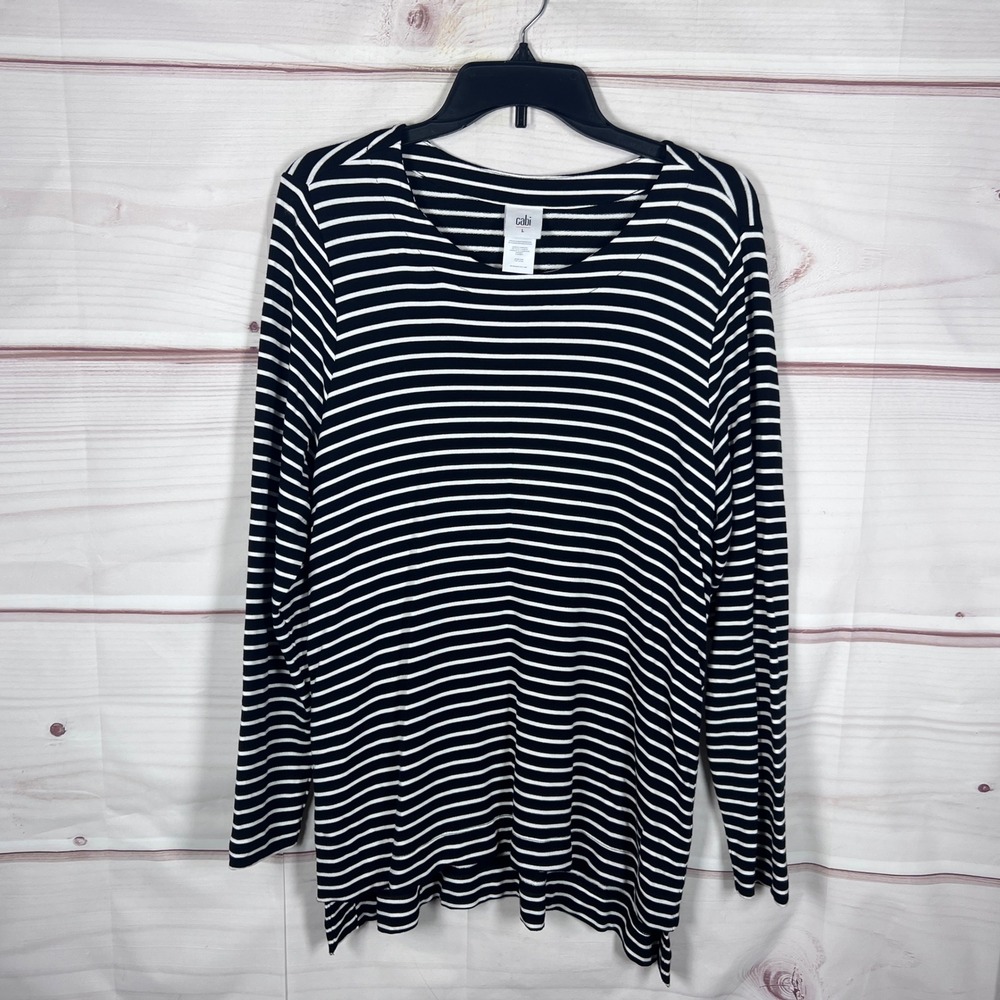 CAbi Top Womens Large Black White Striped Long Sleeve Side Snap Nautical Knit